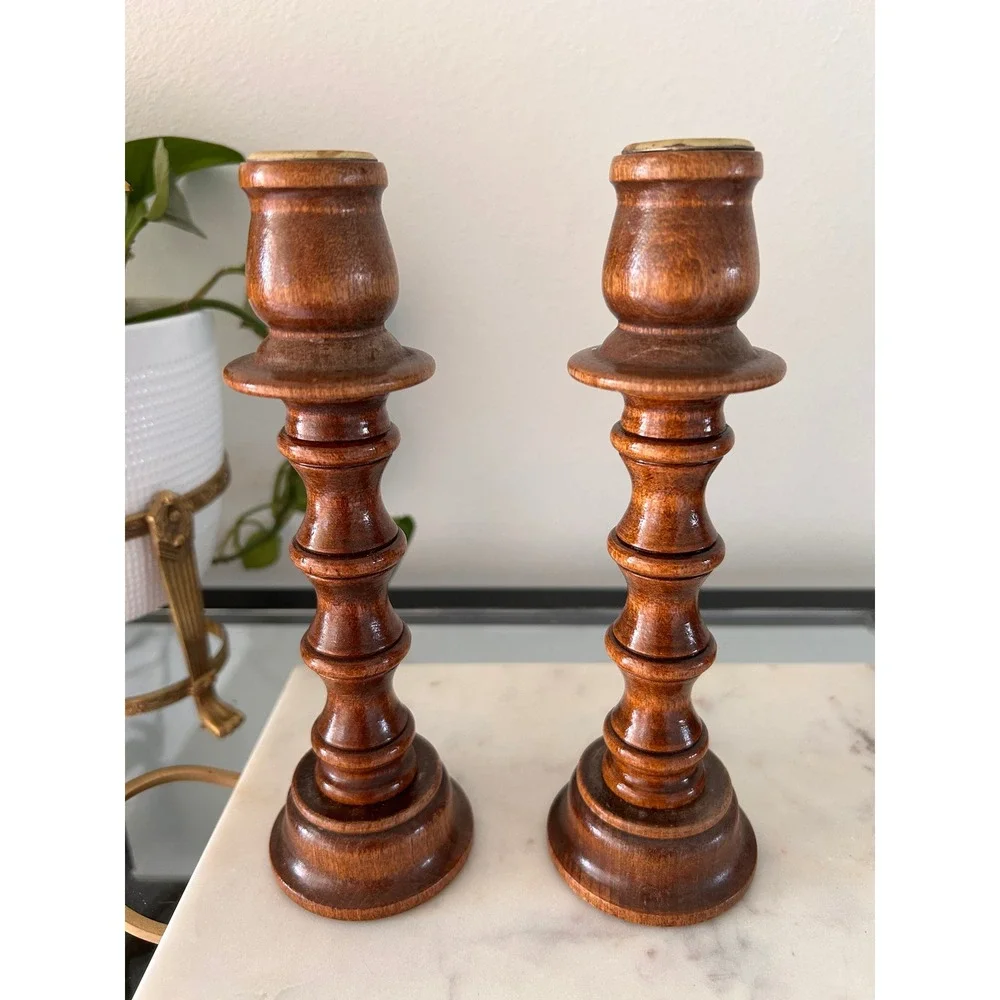 Vintage MCM 3-in-1 Wooden Turned Candlesticks with 8 Stacking Napkin Rings Set